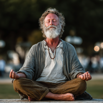 Възрастна жена практикува йога на открито