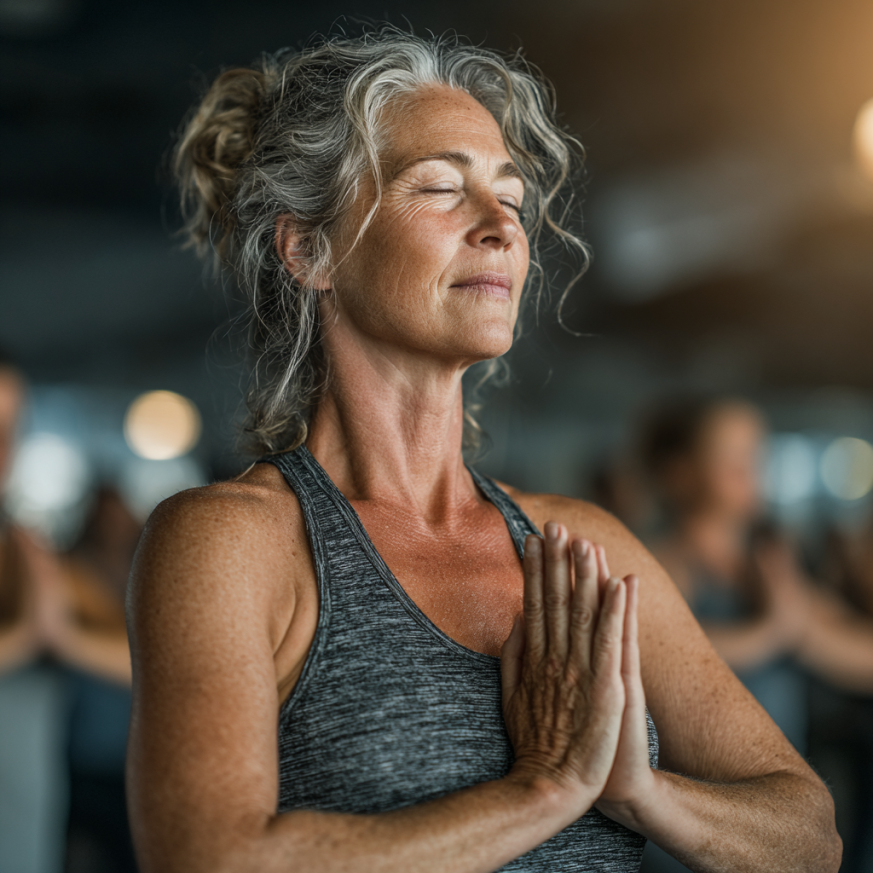 Група възрастни хора практикуват йога на открито