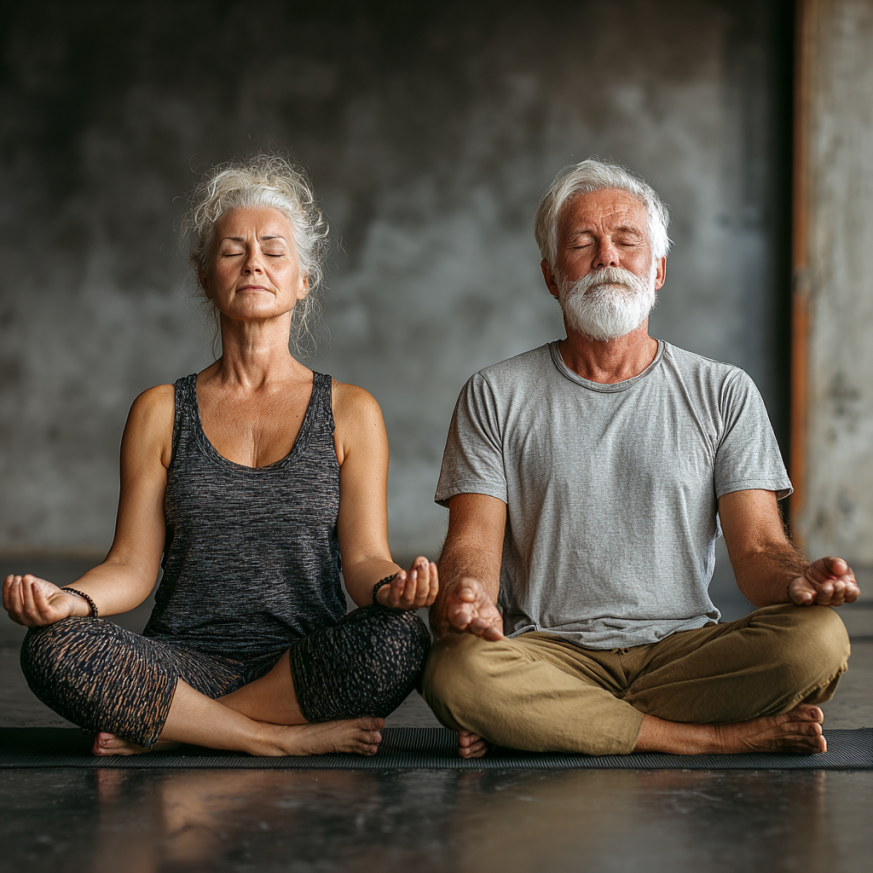 Група възрастни хора практикуват йога на открито